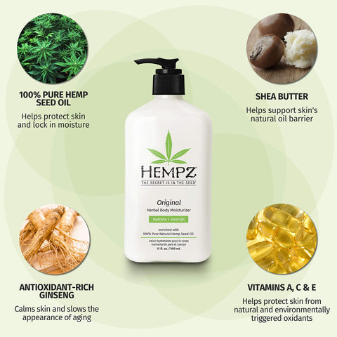 Hempz Original, Natural Hemp Seed Oil Body Moisturizer with Shea Butter and Ginseng, 17 Fl Oz, 3 Pack Bundle - Pure Herbal Skin Lotion for Dryness - Nourishing Vegan Body Cream in Floral and Banana