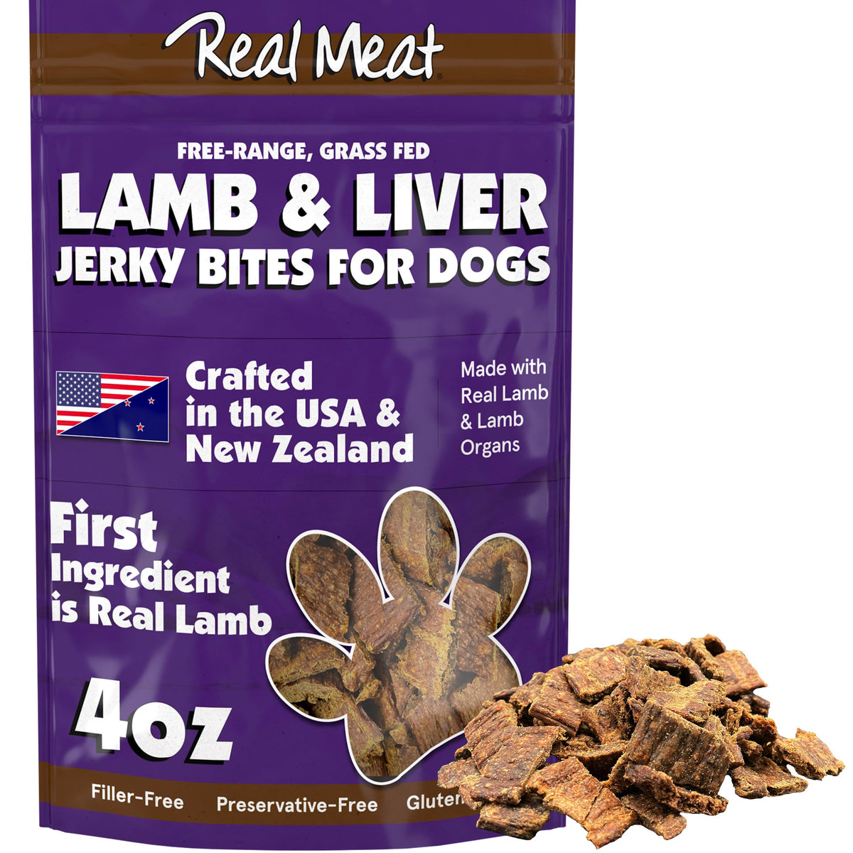 Real Meat Dog Treats - 4oz Bag of Bite-Sized Air-Dried Lamb & Liver Jerky for Dogs - Grain-Free Jerky Dog Treats Made up of 95% Human-Grade, Free-Range, Grass Fed Lamb - All-Natural Dog Treats