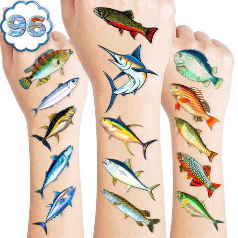 109 PCS Fishing Temporary Tattoos Birthday Party Decorations Favors Supplies Decor Gone Fishing Fish Fisherman Lake Stickers For Girls Boys Gift School Prizes Rewards