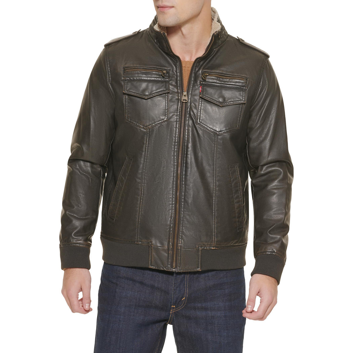 Levi's Men's Faux Leather Aviator Bomber Jacket (Regular & Big & Tall Sizes), Dark Brown/Sherpa Lined, XLT