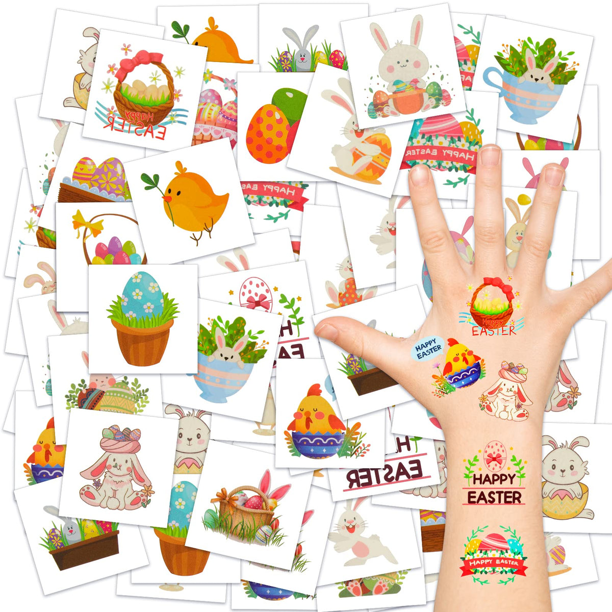 Konsait 72pcs Easter Temporary Tattoos For Kids,Cute Bunny Tattoo Stickers for Boys Girls Toddlers Easter Party Favors Supplies,Fun Easter Gifts For Easter Egg Fillers Easter Basket Stuffers Egg decor