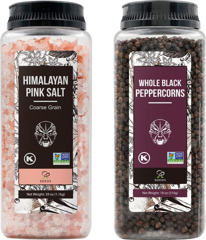 Soeos Himalayan Pink Salt 39 oz + Whole Black Peppercorns 18 oz, Kosher Bulk, Coarse Salt, for Grinder Refill, Peppercorns, Pepper and Grinder, Non-GMO Verified, Kosher, Spice Seasoning Set For Cooking