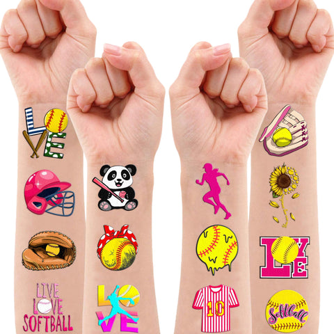 102 PCS Softball Temporary Tattoos Themed Birthday Party Decorations Favors Supplies Decor Girls Cute Baseball Sports Yellow Tattoo Stickers Gifts For Boys Girls Classroom School Prizes Carnival