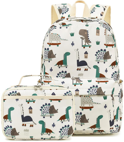 LEDAOU Kids School Backpack with Lunch Box for Boy Kindergarten BookBag School Bag Preschool Kindergarten Toddler Backpack, Dinosaur Beige, L, Kids Backpack