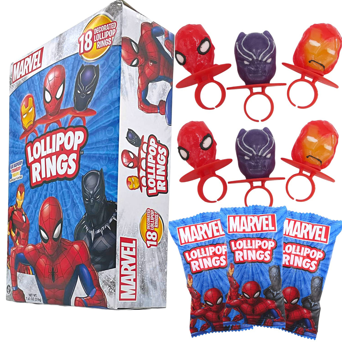 Imaginings 3 Marvel Lollipop Rings Birthday Decorations Individually Wrapped Candy Party Favors Spider-Man Iron Man Black Panther Character Shaped Suckers 18 Count