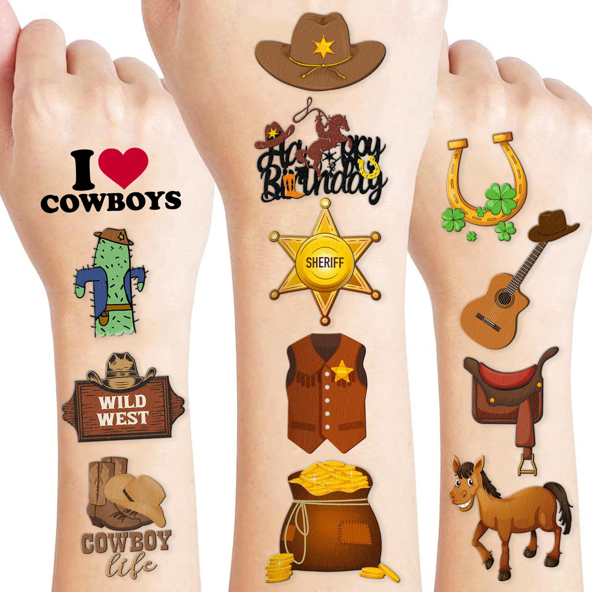 Cowboy First Temporary Tattoos 8 Sheets 78 PCS Western Party Decorations Supplies Favors Horse Rodeo Theme Birthday Cute Stickers Christmas Gifts for Boys Girls Class School Prizes Carnival