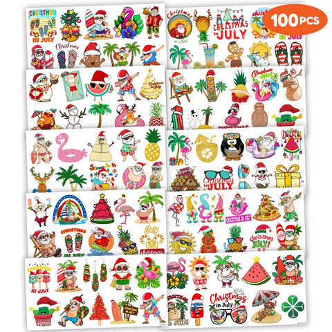 Christmas Temporary Tattoos Hawaiian Tropical Christmas Party Decorations Favors Supplies Aloha Themed Cute Stickers 10 Sheets 100 PCS Gifts for Girls Boys Class School Carnival