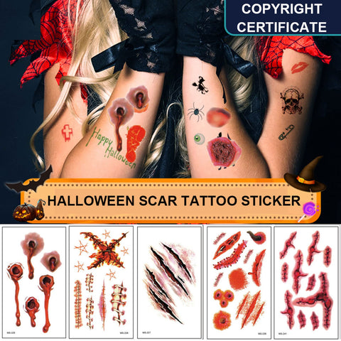 Halloween Temporary Tattoos Scary Scar for Kids Adult, 65PCS Body Prank Makeup Props Blood Stickers, Realistic Wound Fake Tattoos Decorations, Halloween Face Makeup Party Favors Cosplay Supplies