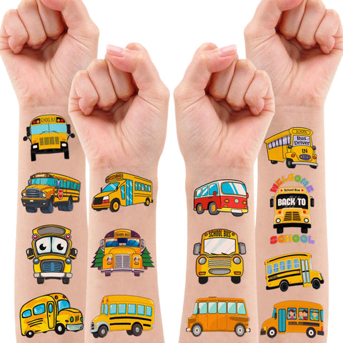 School Bus Temporary Tattoos Theme Birthday Party Decorations Favors Decor Supplies Cute 91 PCS Transportation Back To School Tattoo Stickers Gifts for Kids Girls Boys School Prizes Carnival Christmas