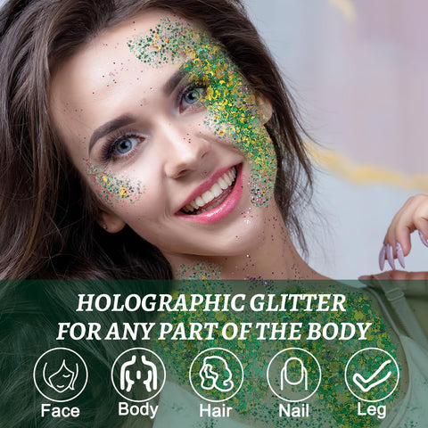 Green Body Glitter Gel,St.Patrick's Day Accessories Face Glitter Makeup Sparkly,Mermaid Sequins Holographic Chunky Glitter Gel Makeup Festival Party Rave Accessories Makeup(2PCS)