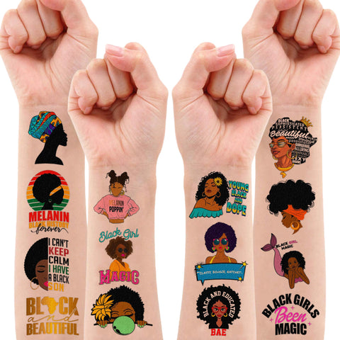 96 PCS Black Girl Magic Queen Stickers Blm Sticker Temporary Tattoos Theme Birthday Party Decorations Supplies Favors Decor Melanin Poppin Women Tattoo Gifts For Kids Adults Girls Boys Prizes Carnival