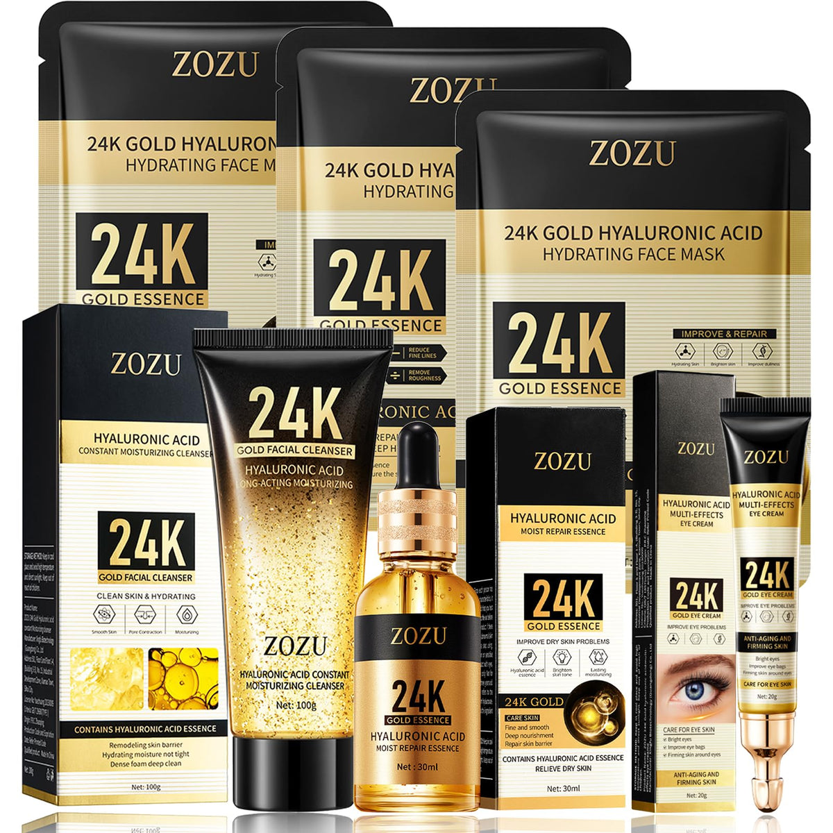 24K Facial Skin Care Sets, Skin Care Products Set: Cleanser, Serum, Eye Cream, Mask, Skincare Routine Set for Women, Hyaluronic Acid Serum Face Care Kit for Dry Skin Long-Lasting Moisturizing