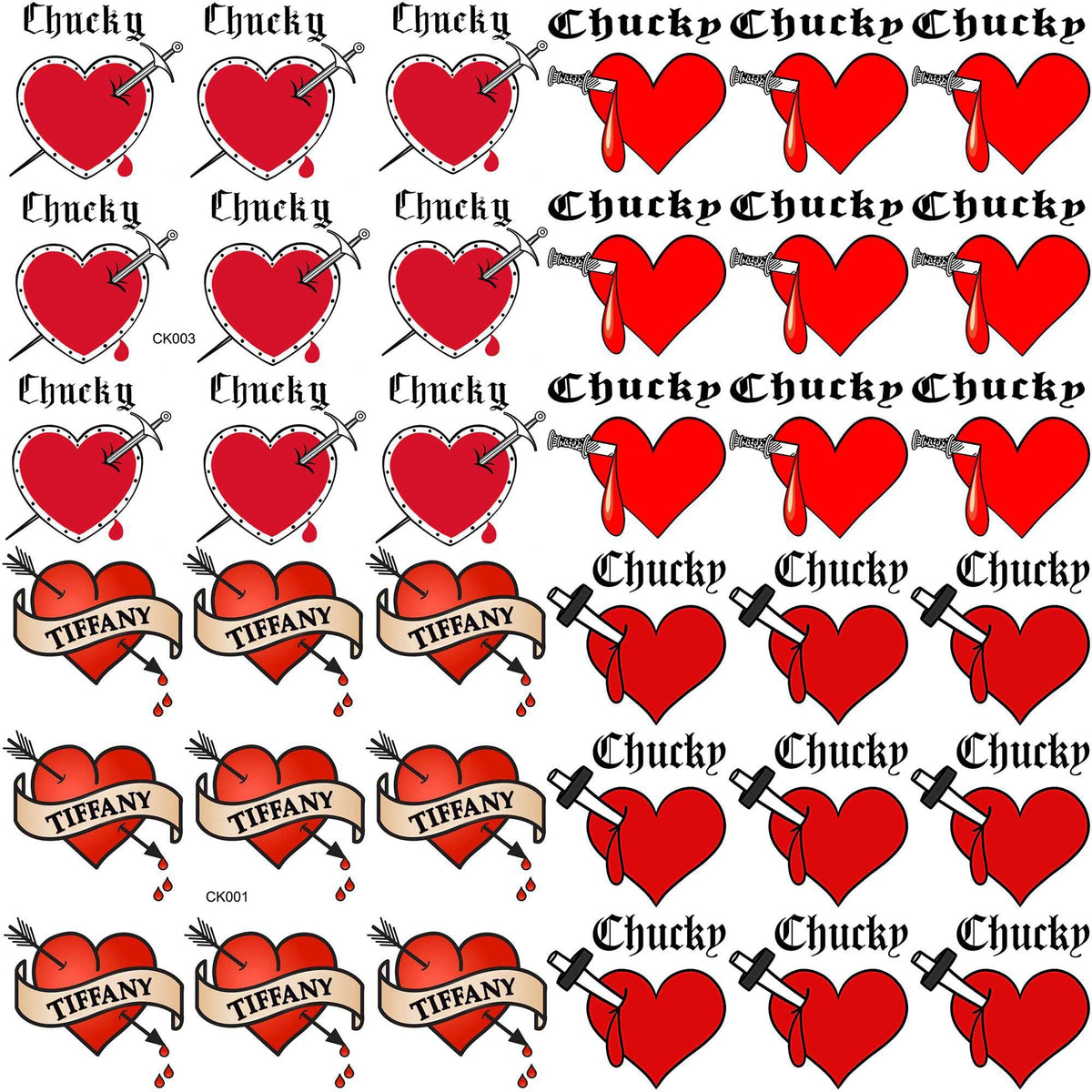 COKTAK 36 PCS Bride of Chucky Tattoo Heart For Women Men Kids Adults, Halloween Zombie Chucky Makeup Kit, Chucky Heart Temporary Tattoos Stickers Cosplay, Bride of Chucky Rave Party Accessories