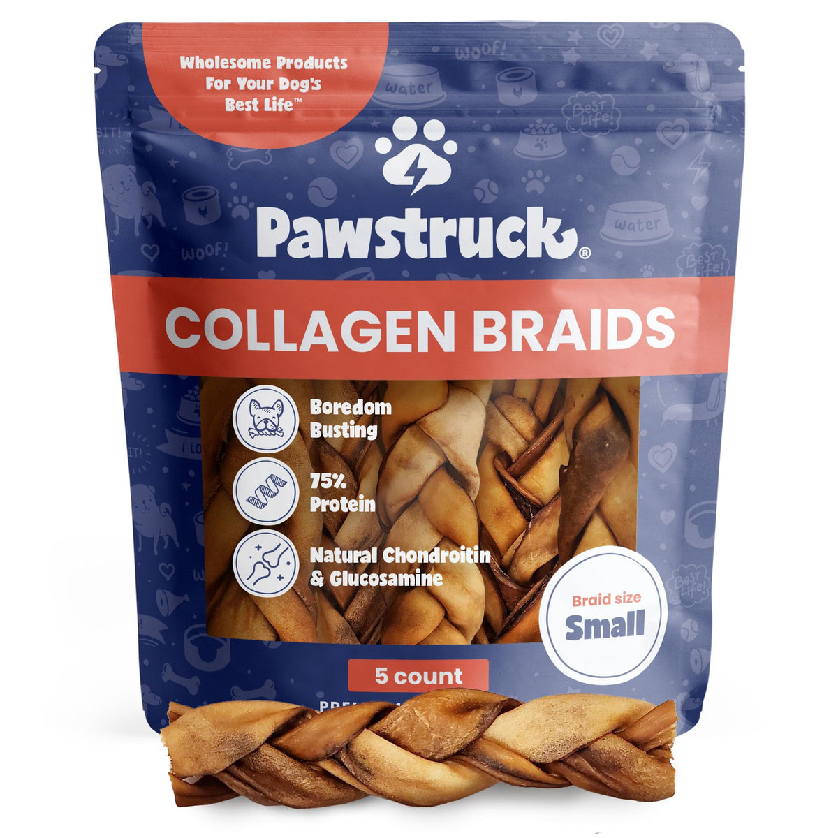 Pawstruck Natural 5-7ÃƒÆ’Ã‚Â¢ÃƒÂ¢Ã¢â‚¬Å¡Ã‚Â¬Ãƒâ€šÃ‚Â Beef Collagen Braids for Dogs - Healthy Long Lasting Alternative to Traditional Rawhide & Bully Sticks Chew Treats w/Chondroitin & Glucosamine - 5 Count - Packaging May Vary