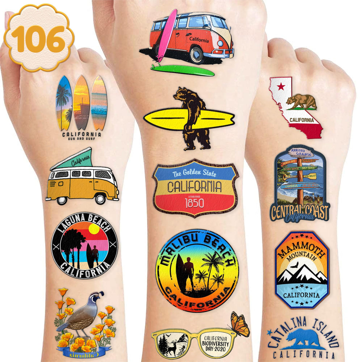 106 PCS Love California Flag Beach Stickers Temporary Tattoos Stickers Birthday Party Decorations Supplies Favors Decor Cute Cool Travel Tattoo Sticker Gifts for Kids Boys Girls School Prizes Carnival