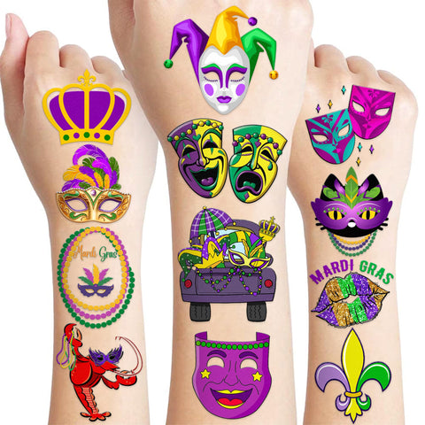 105 PCS Mardi Gras Temporary Tattoos Sticker Fat Tuesday, Festival, Carnival, Mardi Gras Birthday Party Decorations Supplies Favors Gifts Ideas Girls Boys Cute Tattoo School Reward Themed