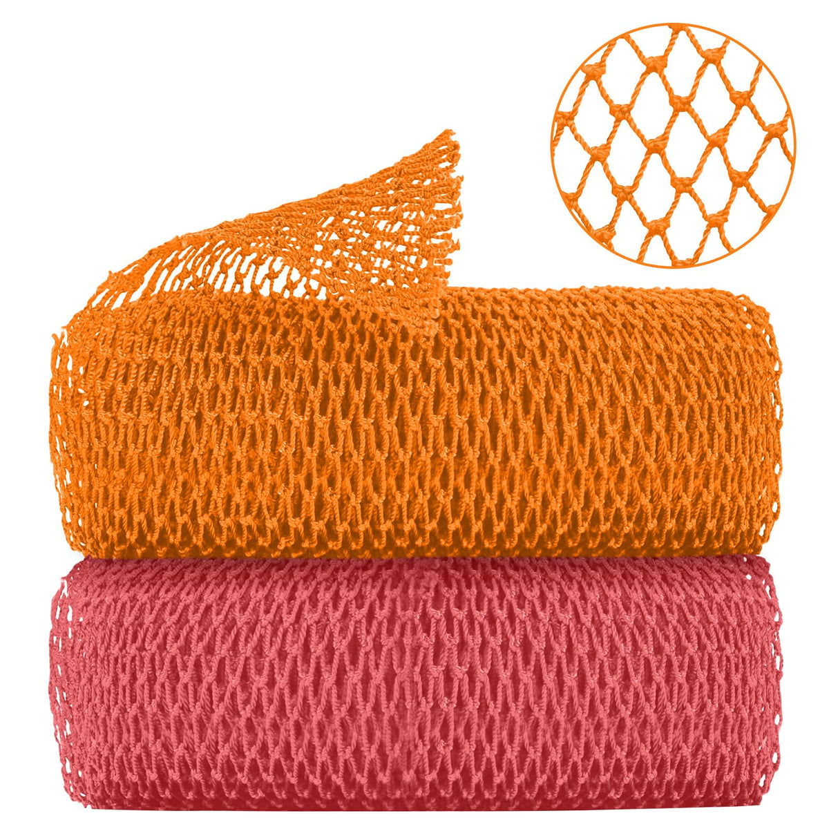 2 Pieces Authentic African Net Sponge, Long Nylon Exfoliating Net Sponge Back Body Washcloth for Deep Clean and Smooth Skin, African Net Bath Sponge Stretch Length to 63 inches (Pink, Orange)