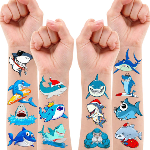 Cute Shark Temporary Tattoos Stickers Theme Blue Ocean Birthday Party Decorations Favors Supplies Decor 96PCS Cool Funny Under Sea Fish Animals Tattoo Gifts For Kids Boys Girls School Prizes Carnival