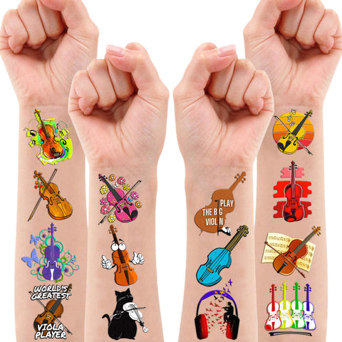 96PCS Violin Temporary Tattoos Stickers Music Theme Birthday Party Decorations Favors Supplies Decor Musical Instrument Orchestral Violinist Tattoo Gifts For Kids Boys Girls School Prizes Carnival