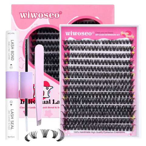 wiwoseo Individual Lashes Cluster Eyelash Kit DIY Lash Extension Kit Individual Eyelashes with Bond and Seal Natural Russian Cluster Lashes at Home Lash Extensions Kit for Self Application(50p 9-16MM)