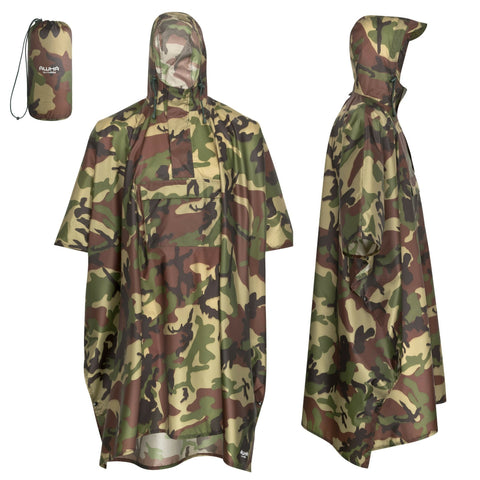 AWHA rain poncho camouflage/unisex, size L/XL - the extra-long rain protection with zipper and Chest pocket