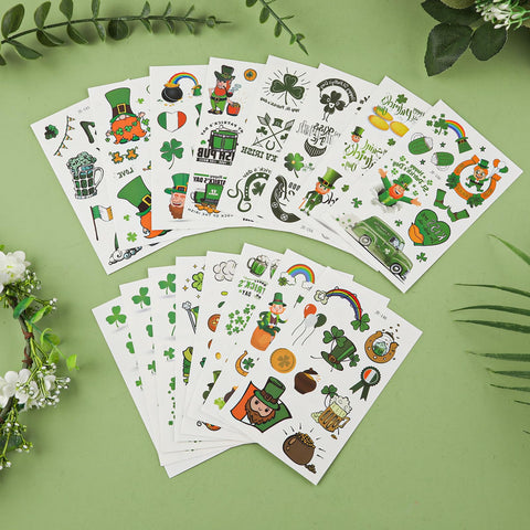 16 Sheets St. Patrick's Day Tattoos Stickers, 200 Patterns St Patricks Face Tattoos Shamrock/Clover Temporary Irish for Leprechaun Tattoos 4 Leaf Clover Tattoos for Kids Irish Parade Party Favors