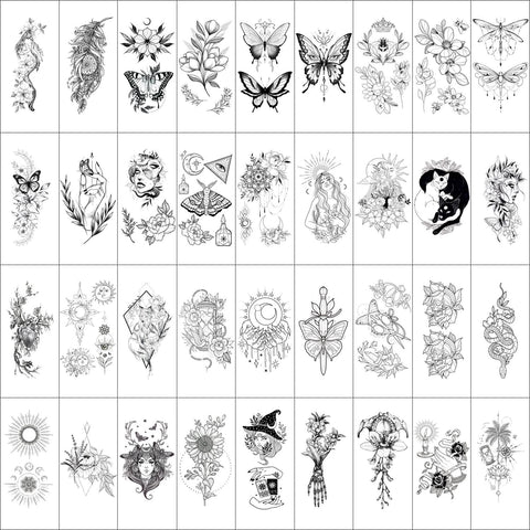 GLARYYEARS Temporary Tattoo for Women, 48-Pack Long-lasting Realistic Tattoos, 12 Large + 36 Small Fake Tattoo Sticker, Beautiful Bird Flower Designs for Girls Adults Men, Black Body Half Arm Tattoos