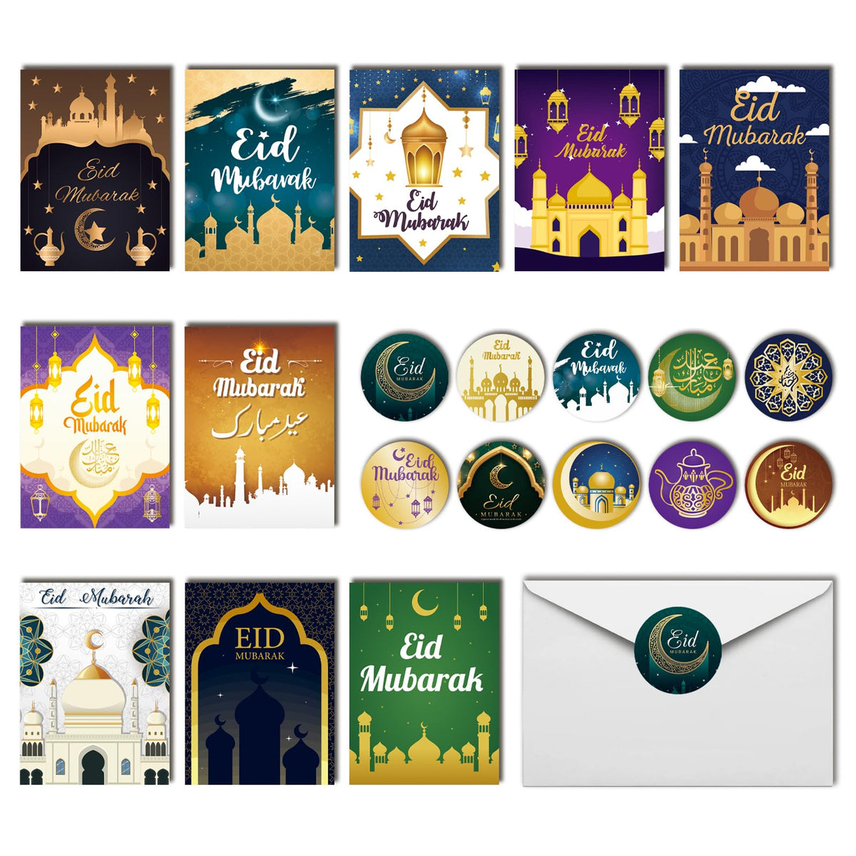 20 Pack Eid Mubarak Cards, Islamic Eid Card Paper Greeting Cards Eid Mubarak Decorations with 20 Envelopes & Eid Mubarak Stickers for Party Supplies Celebration