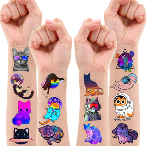 92 PCS Funny Space Cat Temporary Tattoos Stickers Theme Birthday Party Decorations Supplies Favors Decor Cute Galaxy Cats Astronaut Star Tattoo Sticker Gifts For Kids Girls Boys School Prizes Carnival