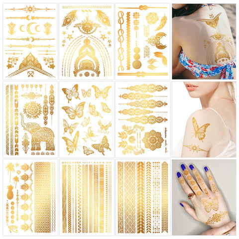 Konsait 9 Sheets Gold Temporary Tattoos, Flash Moon Butterfly Elephant Metallic Tattoos, Metallic Temporary Tattoos for Women Girls, Gold Face Tattoos for Parties Makeup Cosplay Festival Accessories