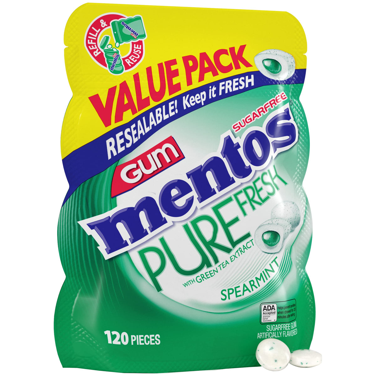 Mentos Pure Fresh Sugar-Free Chewing Gum with Xylitol, Spearmint, 120 Piece Bulk Resealable Bag (Pack of 1)