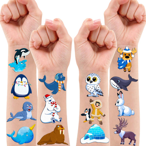 96PCS Cute Arctic Polar Animals Temporary Tattoos Theme Winter Birthday Party Decorations Favors Supplies Decor Funny Penguin Bear Fox Tattoo Stickers Gifts For Kids Boys Girls School Prizes Carnival