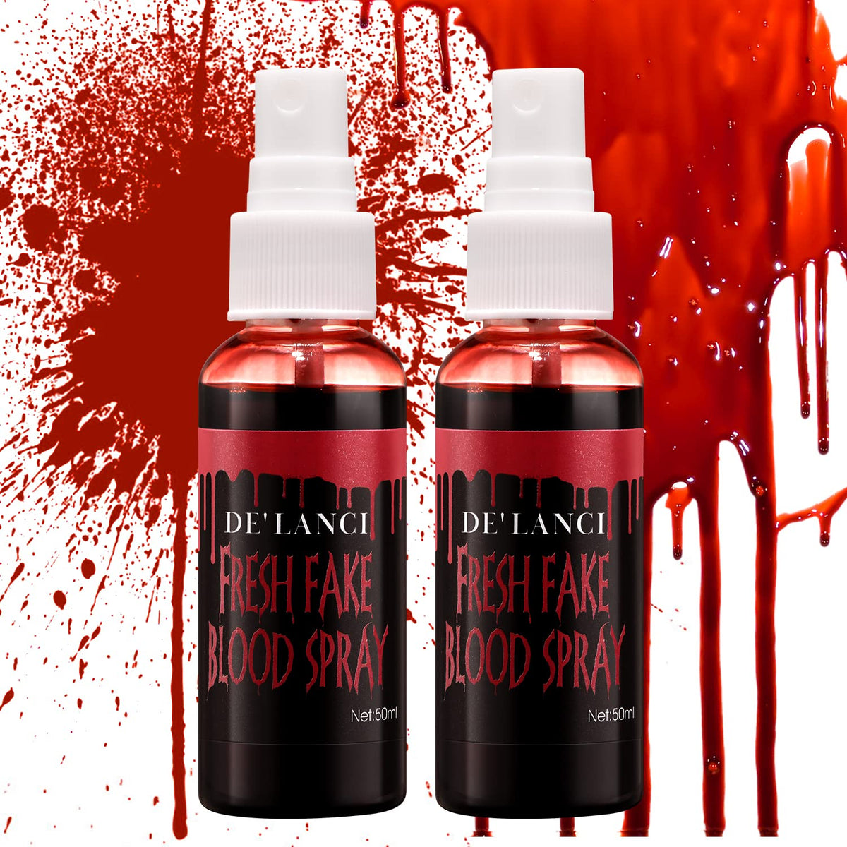 2 PSC Washable Fake Blood Spray,Halloween Fake Blood Splatter, DE'LANCI Liquid Blood for Clothes,Skin and Eye Drops,Squirt Fake Blood Makeup for Vampire Monster Zombie Bride and Costumes,100g(3.53 Oz)