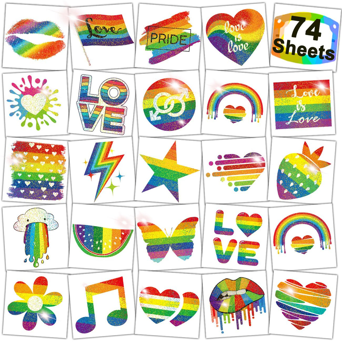 CHARLENT Glitter Rainbow Temporary Tattoos - 74 Individually Sheets Glitter Pride Tattoos Heart Lips Love Rainbow Tattoos for Pride Festivals