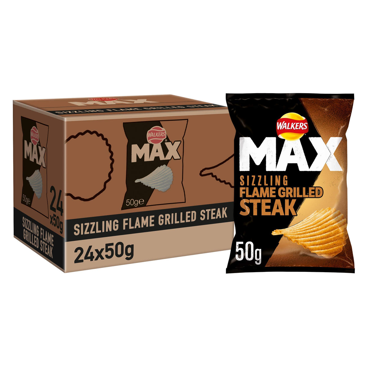 Walkers Max Flame Grilled Steak Crisps, 50 g, Pack of 24