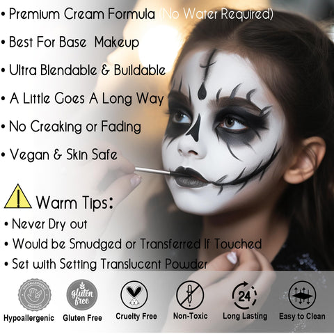 CCBeauty Halloween White Black Face Body Paint Stick + 10 Remover Wipes, Cream Eye Black Stick for Sports, Blendable Foundation for Clown Skeleton Vampire Skull Joker Mime Cosplay Costume Makeup Kit