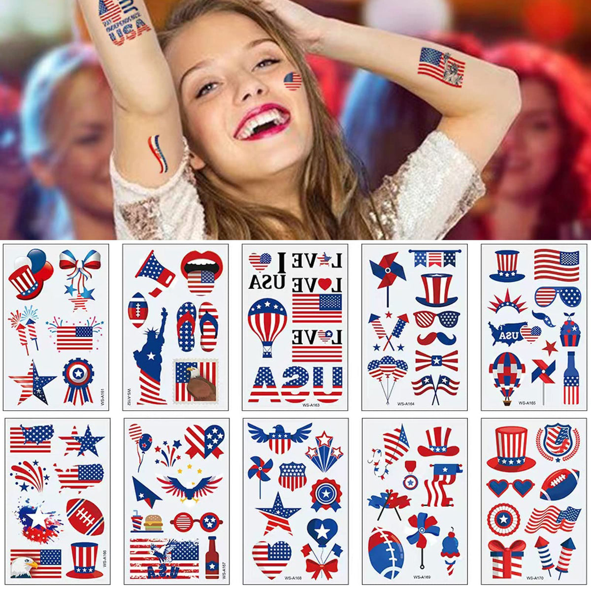 4th of July Temporary Tattoo Kids Adults, 100pcs Fake Tattoos, Independence Day Fourth of July Waterproof Body Art Stickers Red White Blue for Memorial, Tattoo Decorations for Labor Day Party USA National Flag