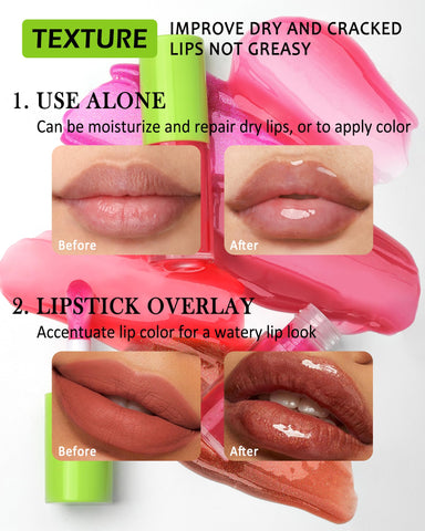 Fat Oil Lip Gloss-2Pcs Hydrating Lip Glow Oil Lipgloss, Tinted Clear Plumping lip Gloss,Pink Plumper Lip Stain Oil, Big Brush Head Lip Glaze,Long Lasting Non-sticky Vegan Glow Reviver Lip Oil Drip-1+2