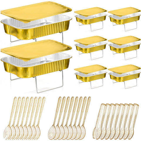 Maxcheck 8 Sets Disposable Chafing Dishes Buffet Set Chafer Wire Racks Buffet Stand Kit Dish Serving Trays Food Warmer Catering Supplies Included Chafer Pans Serving Utensils and Buffet Stand (Small)