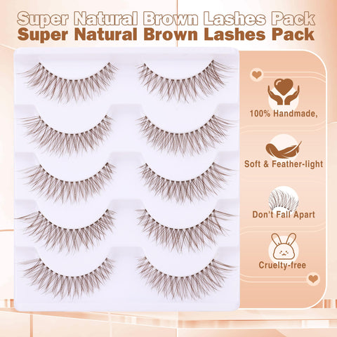 Brown Lashes Natural Look Cat Eye Lashes Brown Eyelashes Faux Mink False Lashes Wispy Volume C Curl Short False Eyelashes with Clear Band by Newcally