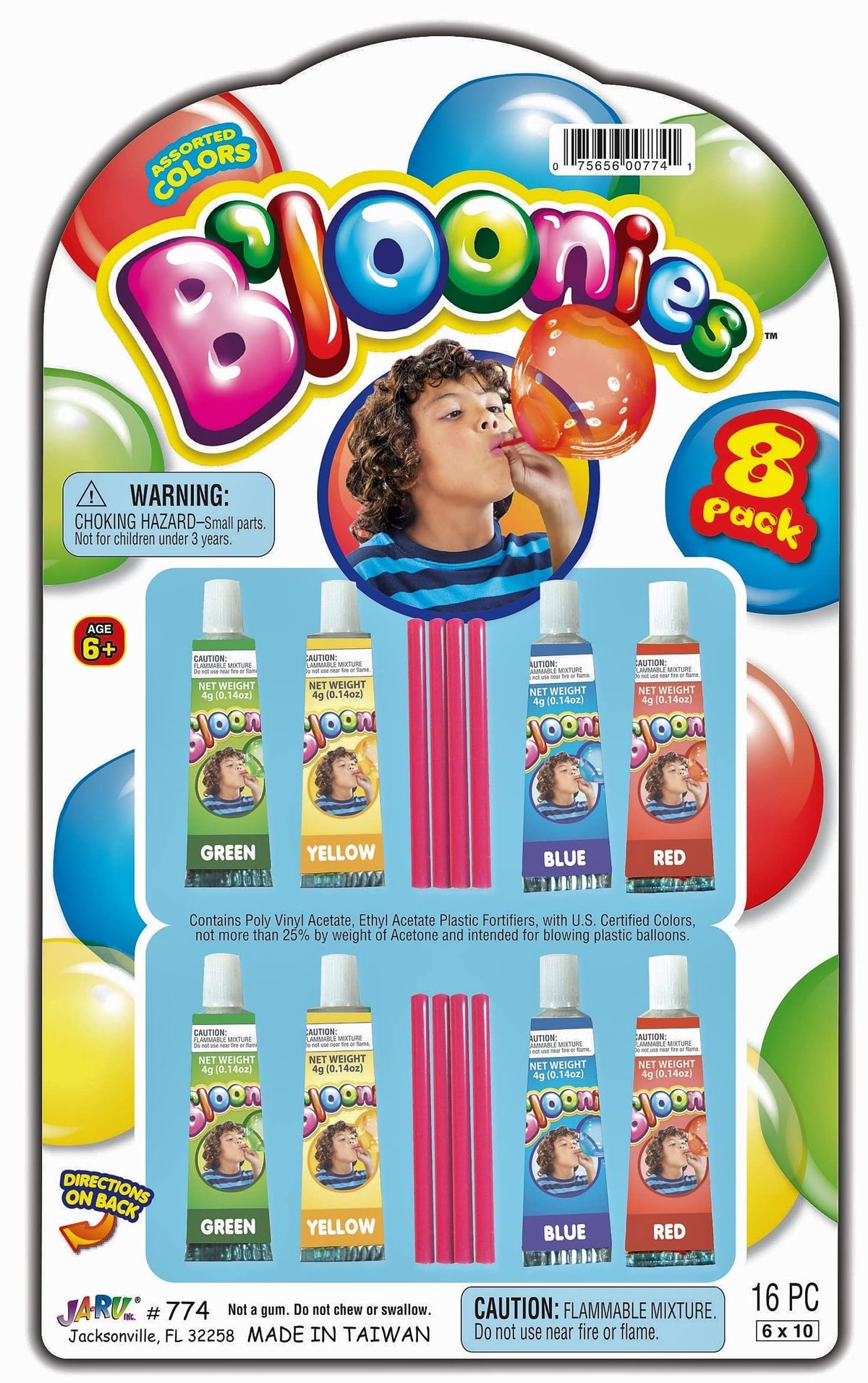 JA-RU Bloonies Magic Plastic Bubbles Balloons Variety Pack (8 Tubes per Pack)| Kids Super Elastic | Blow Up Balloons with Straw | Party Favors and Gifts Fidget Toy. 774-1A