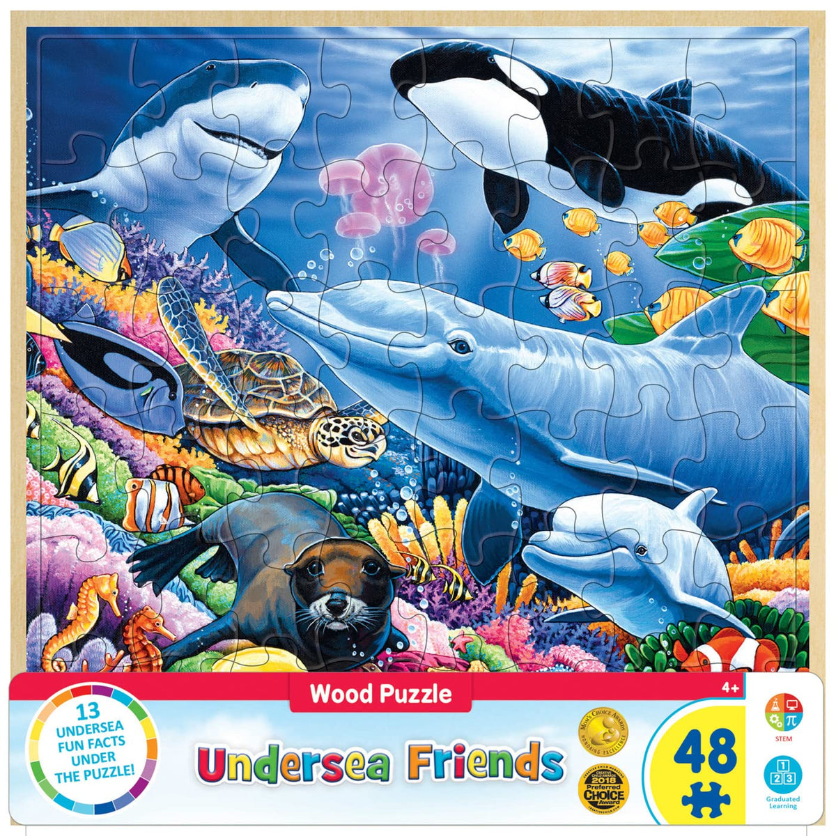 Masterpieces 48 Piece Fun Facts Jigsaw Puzzle for Kids - Undersea Friends Wood Puzzle - 12"x12"