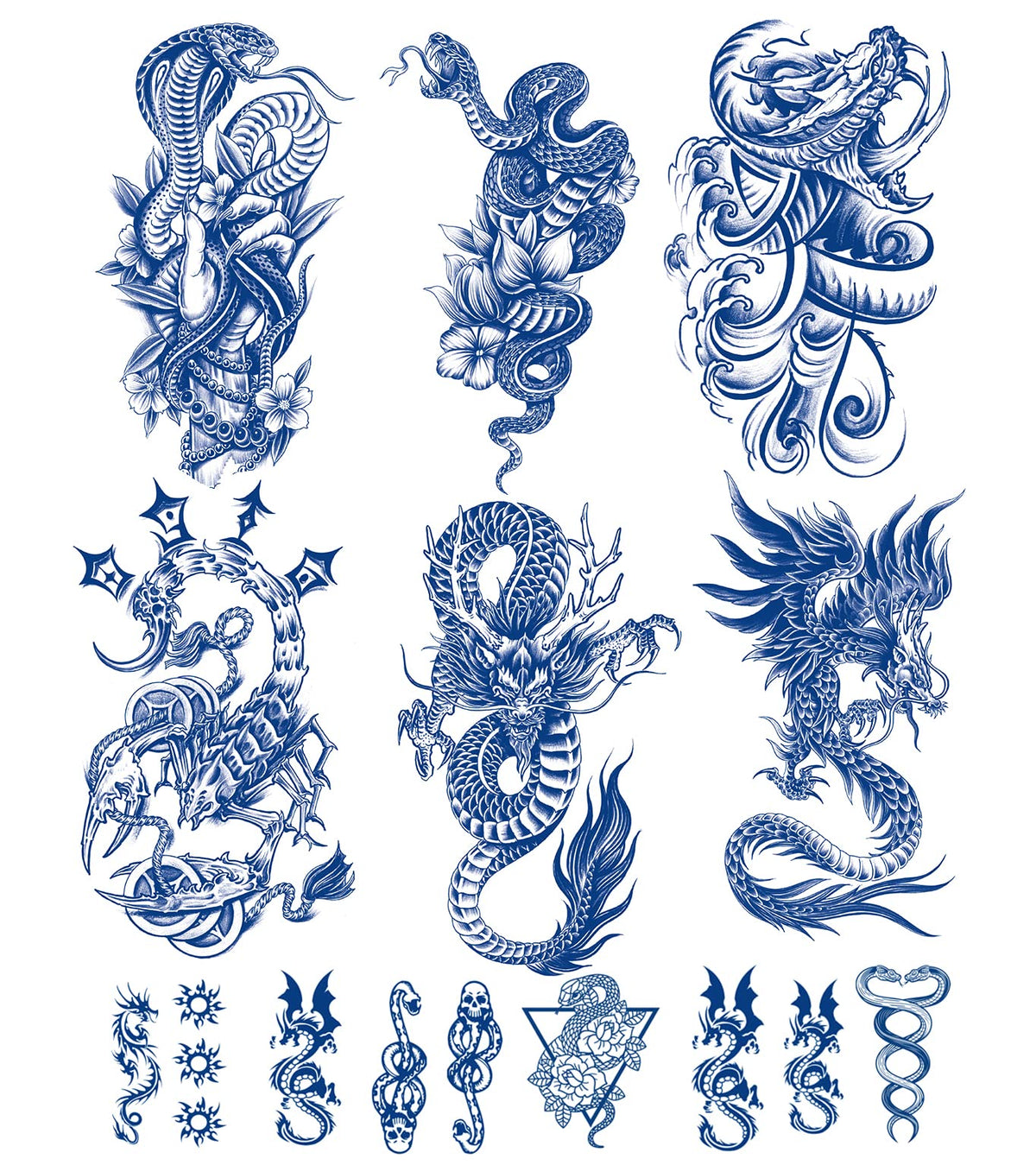 PADOUN 12 Sheets Semi-Permanent Fake Tattoos, 6-Sheet Big Temporary Tattoos With Dragon Snake Scorpion Patterns And 6-Sheet Small Cute Semi Permanent Tattoos Long Lasting 1-2 Weeks