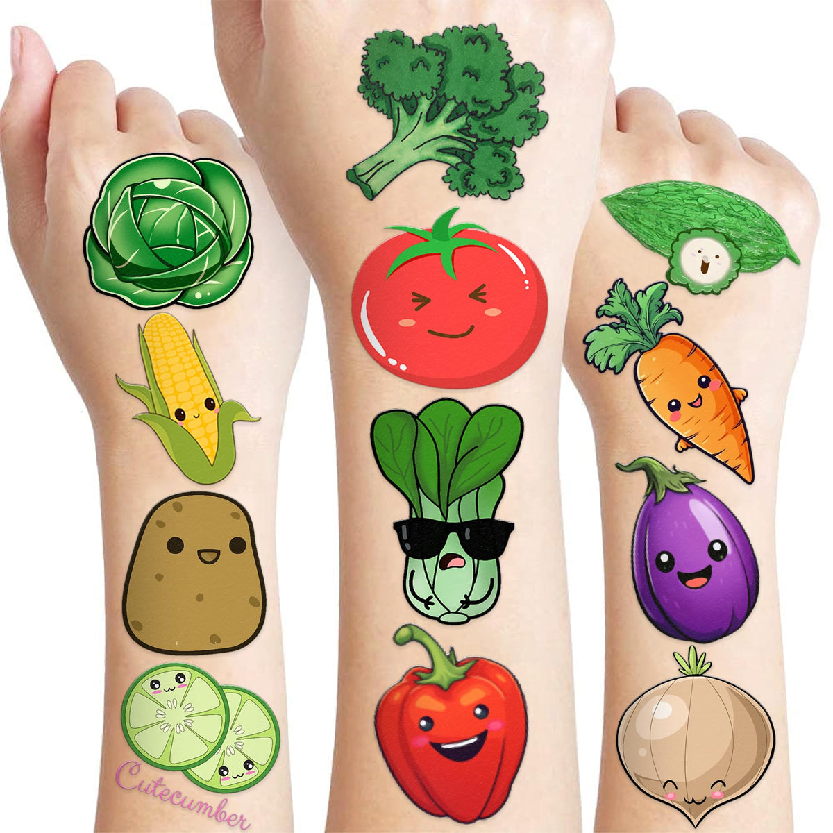 96 PCS Funny Vegetable Temporary Tattoos Sticker Avocado Corn Pumpkin Birthday Party Decorations Supplies Favors Celebration Gifts Boys Girls Baby Shower Cute Tattoo School Reward Themed