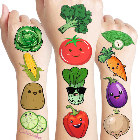 96 PCS Funny Vegetable Temporary Tattoos Sticker Avocado Corn Pumpkin Birthday Party Decorations Supplies Favors Celebration Gifts Boys Girls Baby Shower Cute Tattoo School Reward Themed