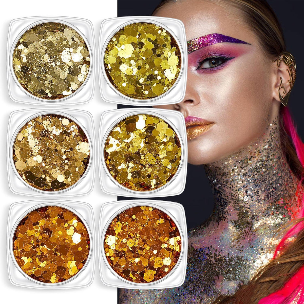 Melemando 6 Color Body Glitter Kit Holographic Mermaid Sequins Chunky Face Glitter Makeup for Party Singer Concerts Music Festival Rave Accessories (6 Colors Set 16)