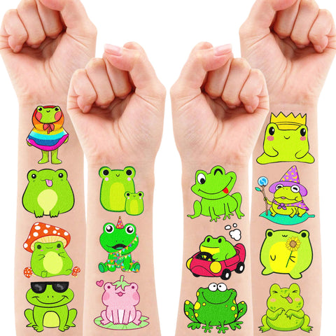 102 PCS Frog Temporary Tattoos Birthday Party Decorations Favors Supplies Decor Green Frog Princess Reptile Stickers For Teacher Boys Girls Gift School Prizes Rewards