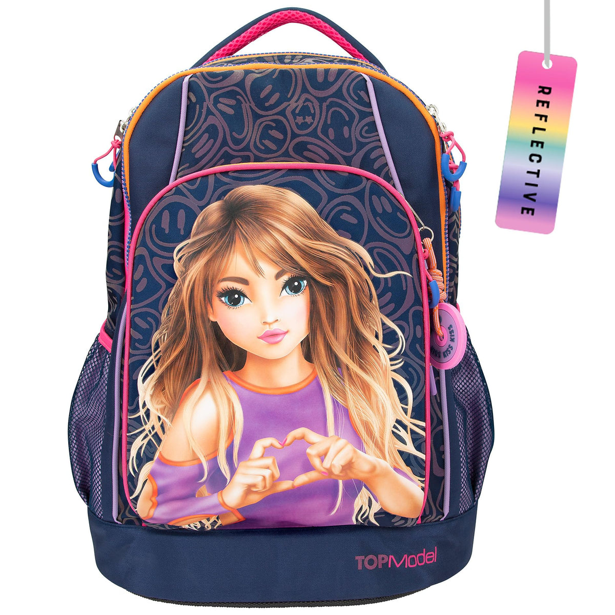 Depesche 12739 TOPModel Night Light School Backpack in Dark Blue with Model Motif, School Bag with Adjustable Straps and Pendant