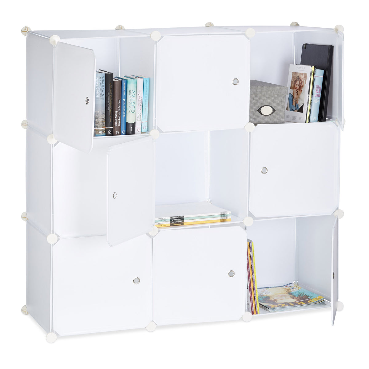 Relaxdays Shelving System with Doors, Plastic Divider, Standing Shelf with 9 Compartments, 95 x 95 x 35 cm, White