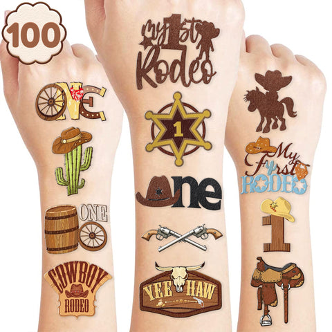 My First Rodeo Temporary Tattoos 10 Sheets 100 PCS Cowboy 1st Party Decorations Favors Supplies Western Theme Birthday Cute Stickers Christmas Gifts for Boys Girls Class School Prizes Carnival